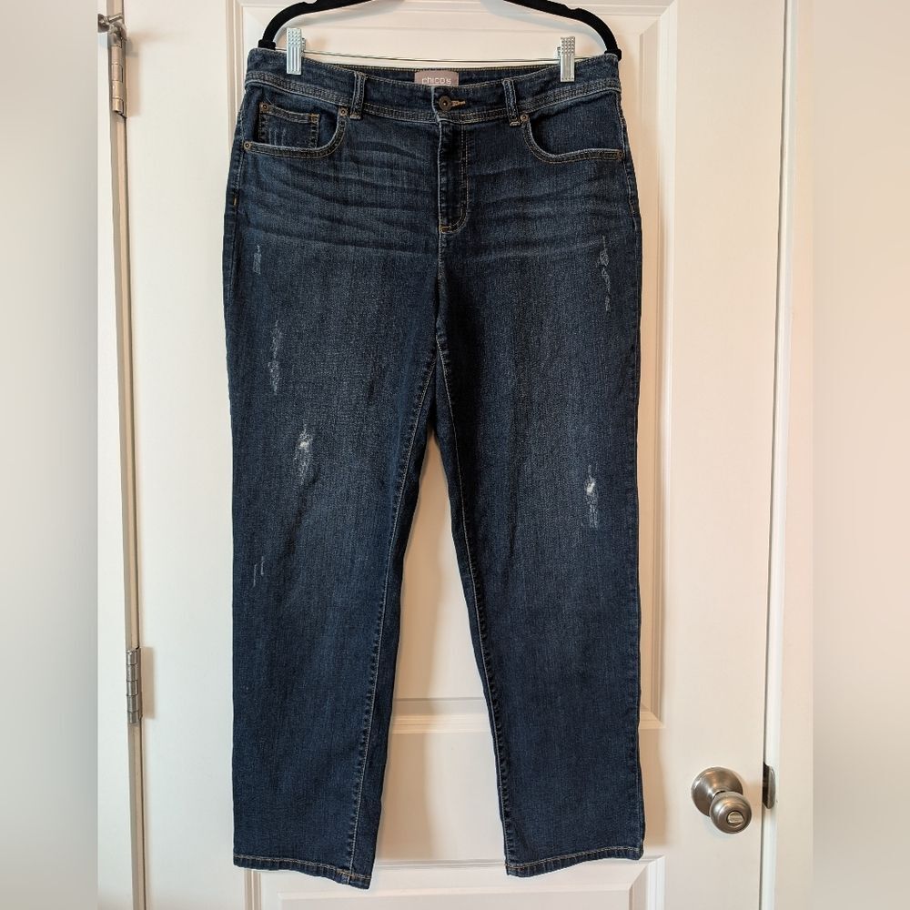 Chico's Women's Size 1 US 8 Distressed Dark Wash Denim High Waist Ankle Jeans
